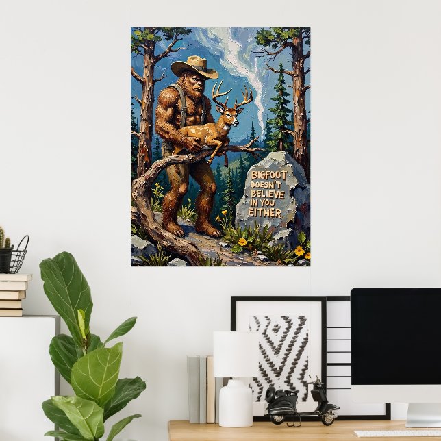 Waldland-Spaß: Das ikonische Zeichen von Bigfoot Poster (Heimbüro)