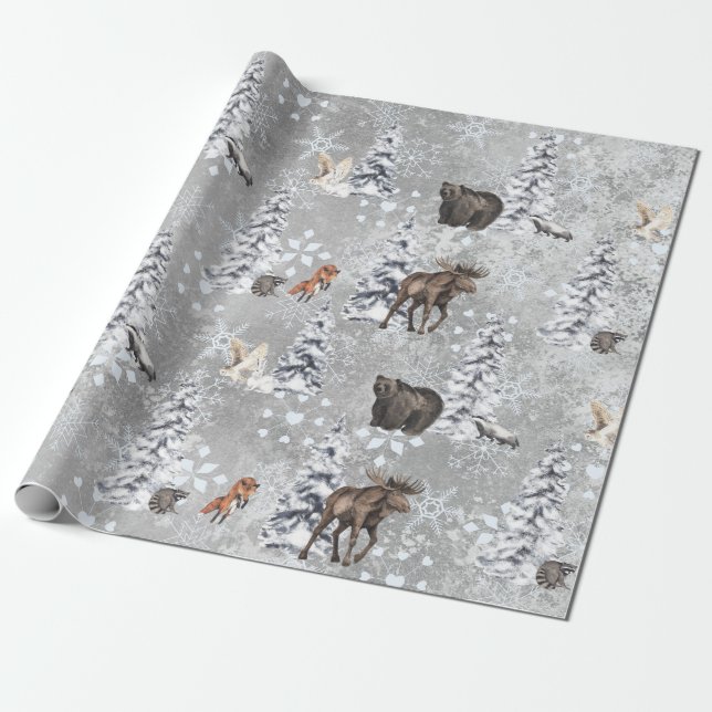 Waldland Winter Elche Weihnachtsbaum Schneeflocke Geschenkpapier (Ungerollt)