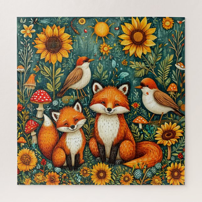 Waldlandschaft mit Füchse, Vögel, Sonnenblumen (Vertikal)