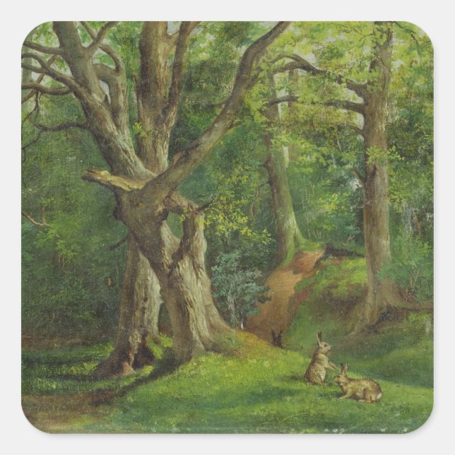 Waldlandschaft mit Kaninchen, 1862 (Öl auf Leinwan Quadratischer Aufkleber (Vorderseite)