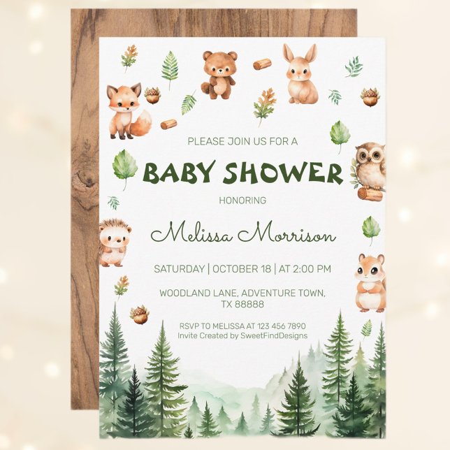 Waldlandschaft Rustikale Waldtiere Kinderdusche Einladung (Woodland Rustic Forest Animals Baby Shower Invitation)