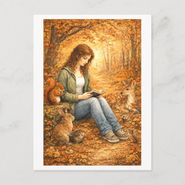Waldlesen im Herbst Postkarte (Vorderseite)