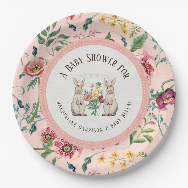 WaldMärchen-Kaninchen-Blumenmädchen-Babyparty Pappteller (Vorderseite)
