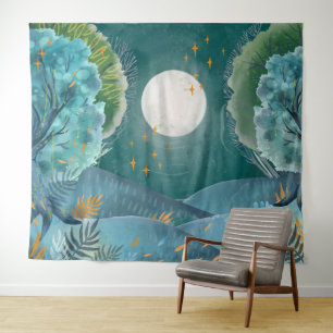 Waldnacht Vollmond Landschaftsgebirge Wandteppich