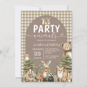 Waldparty-Tiere 1. Geburtstag Gingham Einladung