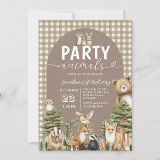 Waldparty-Tiere 1. Geburtstag Gingham Einladung
