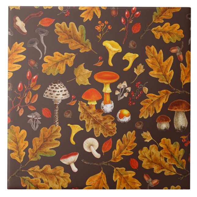 Waldpilze und Herbstflora in Braun Fliese (Vorderseite)