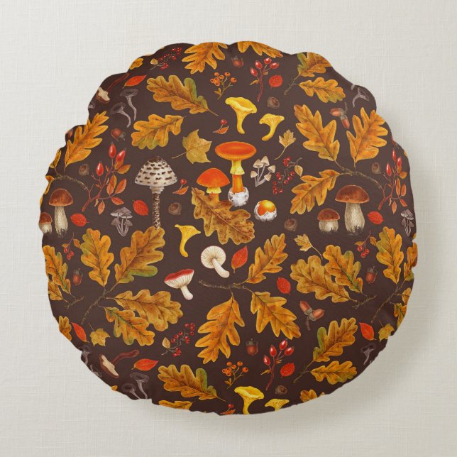 Waldpilze und Herbstflora in Braun Rundes Kissen (Vorderseite)