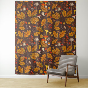 Waldpilze und Herbstflora in Braun Wandteppich