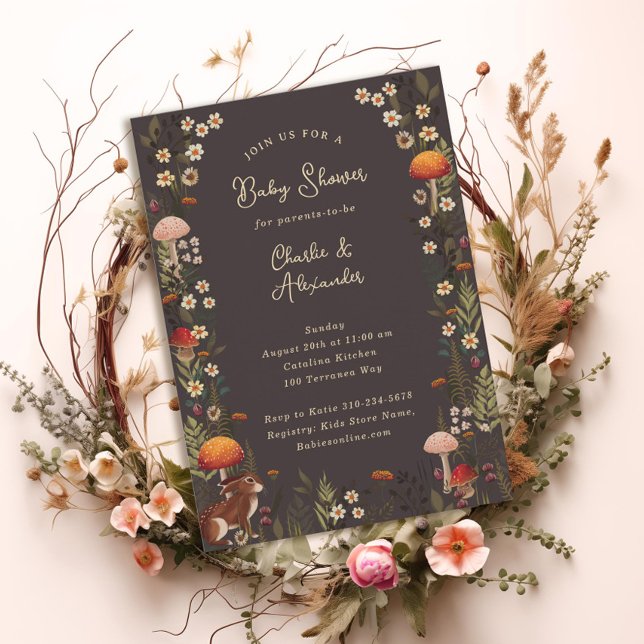 Waldpilze Wildblumen graue Babydusche Einladung (Von Creator hochgeladen)