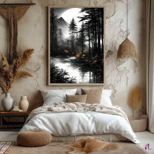 Waldreflexion im Mondlicht – Monochrome Serenität Poster