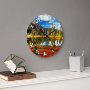Waldsee Berge Herbstfarben Wasserfarbe Große Wanduhr