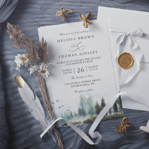 Waldsee-Wald-Wasserfarben-QR-Code-Hochzeit Einladung