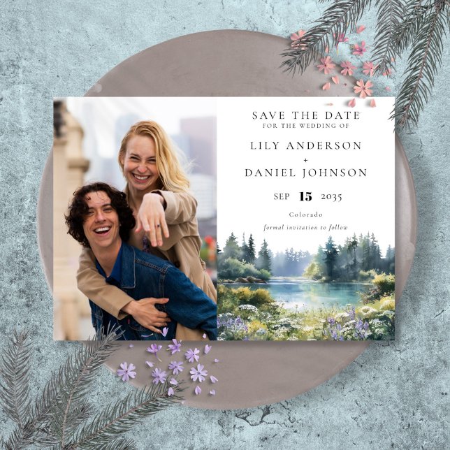 Waldsee Wildblumen Blumen Foto Hochzeit Save The Date (Forest Lakeside Wildflowers Floral Photo Wedding Save The Date)