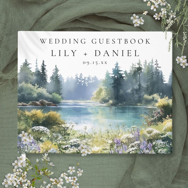Waldsee-Wildblumen-Hochzeit Gästebuch (Forest Lakeside Wildflowers Floral Wedding Guest Book)