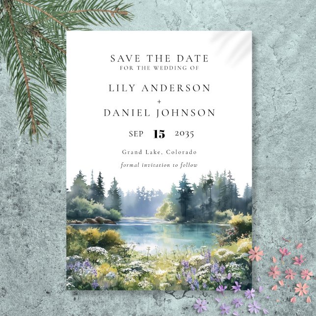 Waldsee-Wildblumen Hochzeit Save The Date (Forest Lakeside Wildflowers Floral Wedding Save The Date)