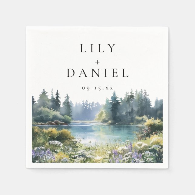 Waldsee-Wildblumen-Hochzeit Serviette (Vorderseite)