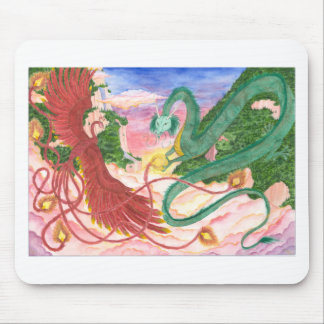 Waldsonnenuntergang-Drache und Phoenix Mousepad