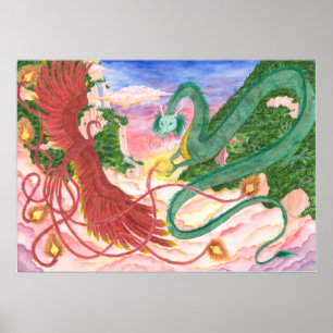 Waldsonnenuntergang-Drache und Phoenix Poster