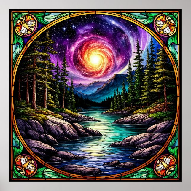 Waldstrom unter kosmischem nächtlichen Himmel Poster (Vorne)