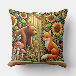 Waldszene mit Bär, Fuchs, Sonnenblumen Kissen