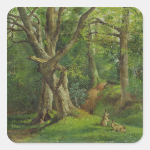 Waldszene mit Kaninchen, 1862 (Öl auf Leinwand) Quadratischer Aufkleber