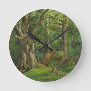 Waldszene mit Kaninchen, 1862 (Öl auf Leinwand) Runde Wanduhr