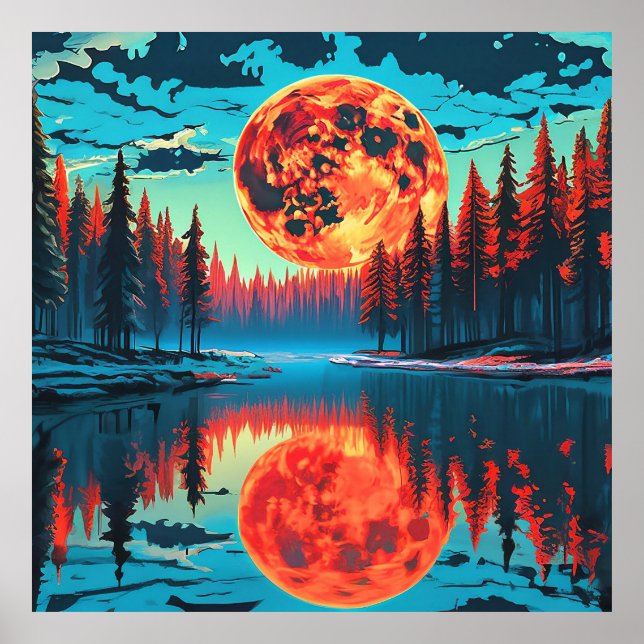 Waldszene mit Surreal Mondreflektion Poster (Vorne)