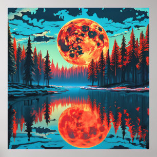 Waldszene mit surrealer Mondspiegelung Poster