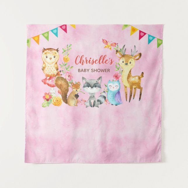 Waldtier-Babyparty-Hintergrund-Fahnen-Rosa Wandteppich (Vorderseite)