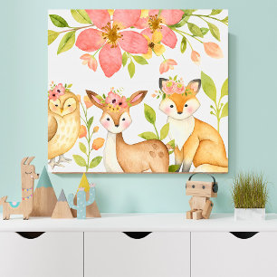 Waldtier-Wasserfarben-Blumen-Kinderzimmer-Wandkuns Poster