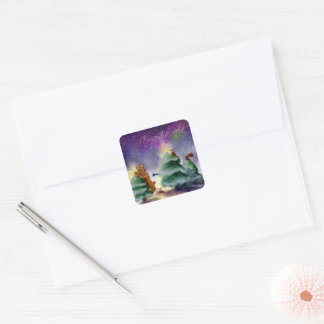 Waldtier-Weihnachten-Aurora-Wasserfarben-Aufkleber Quadratischer Aufkleber