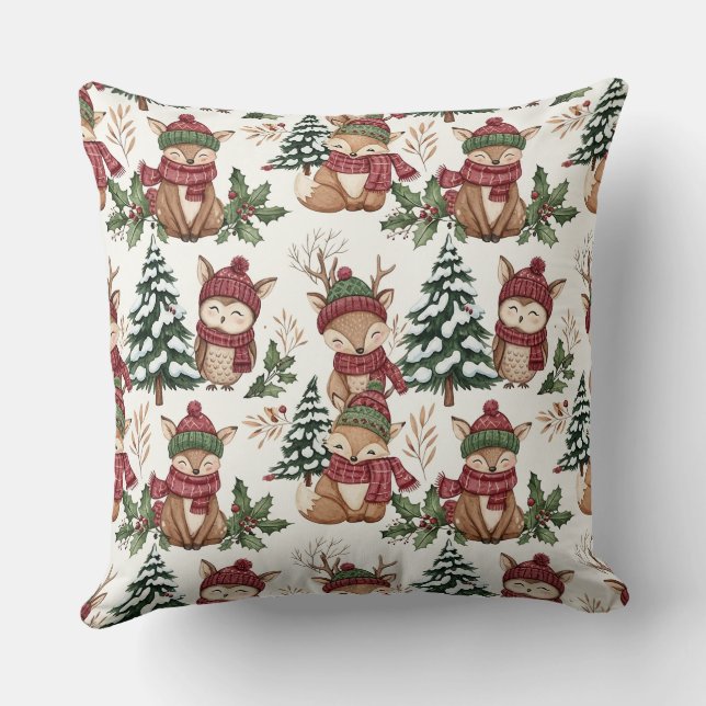 Waldtier-Weihnachtsmuster mit Fuchs & Eule Kissen (Rückseite)