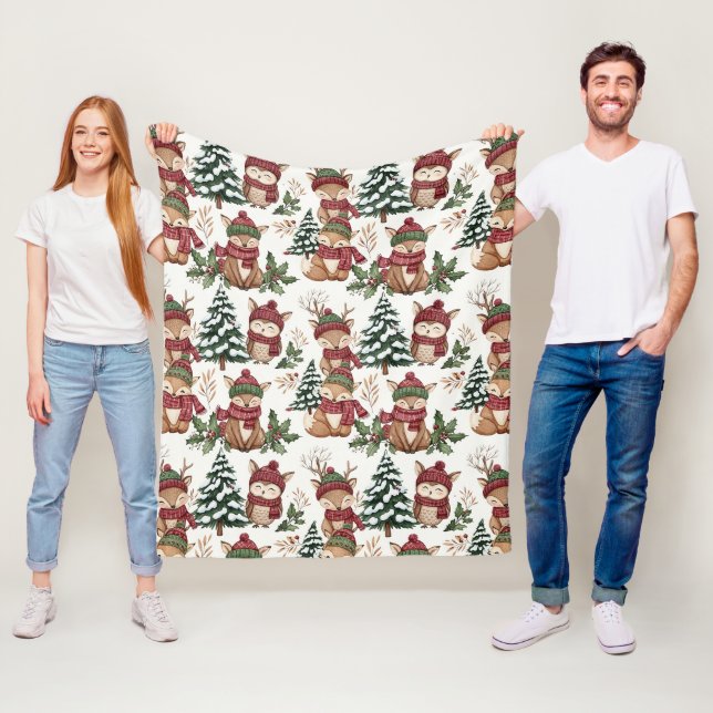 Waldtier-Weihnachtsmuster mit Fuchs und Eule Fleecedecke (Beispiel)
