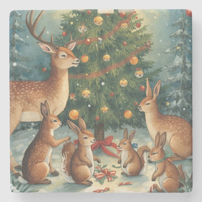 Waldtier-Weihnachtsszene Steinuntersetzer (Vorderseite)