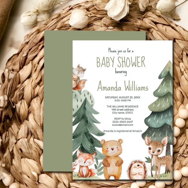 Waldtierdusche aus Holz - Einladung (Woodland watercolor animals baby shower invitation, sage green forest, gender neutral, boy, girl)