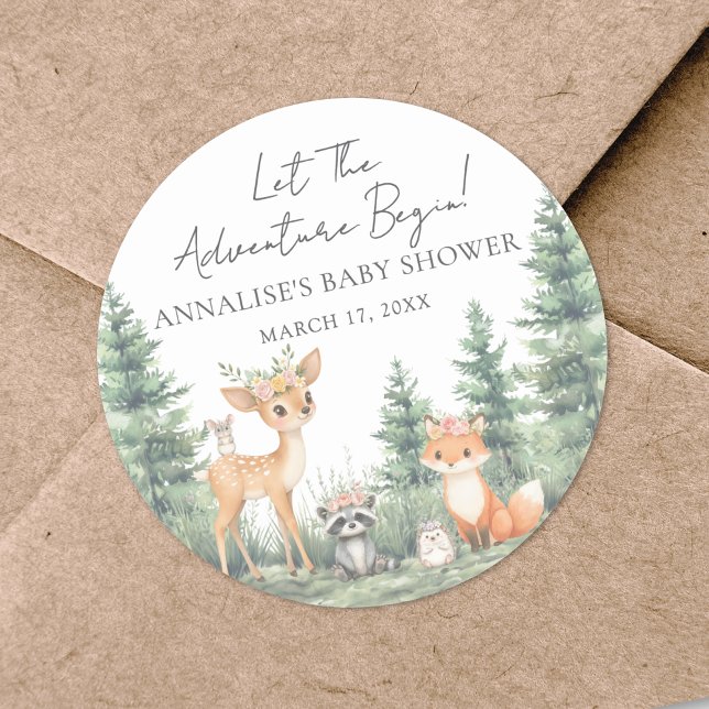 Waldtiere Abenteuer Kinderdusche Runder Aufkleber (Woodland Forest Animals Adventure Baby Shower Classic Round Sticker)