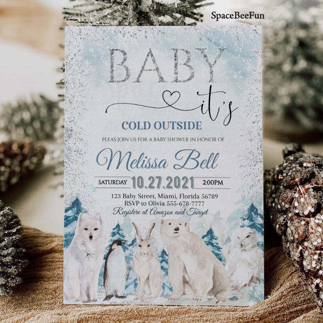 Waldtiere Arktische Tiere Winter Babydusche Einladung (Woodland animal Arctic animals Winter baby shower invitation Baby it's cold outside )