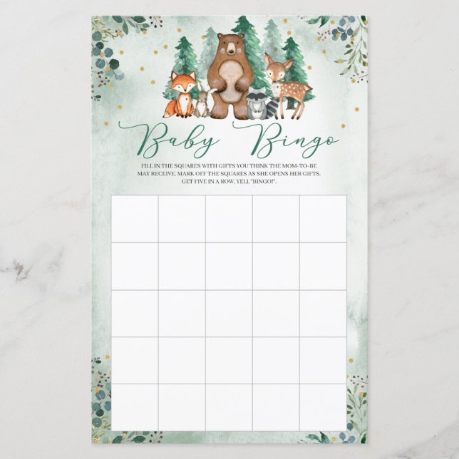 Waldtiere Baby Dusche Bingo-Spiel (Vorderseite)