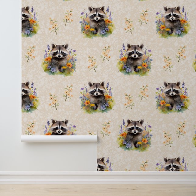 Waldtiere Baby Raccoon Wilde Blume Creme Tapete (Anwendung)