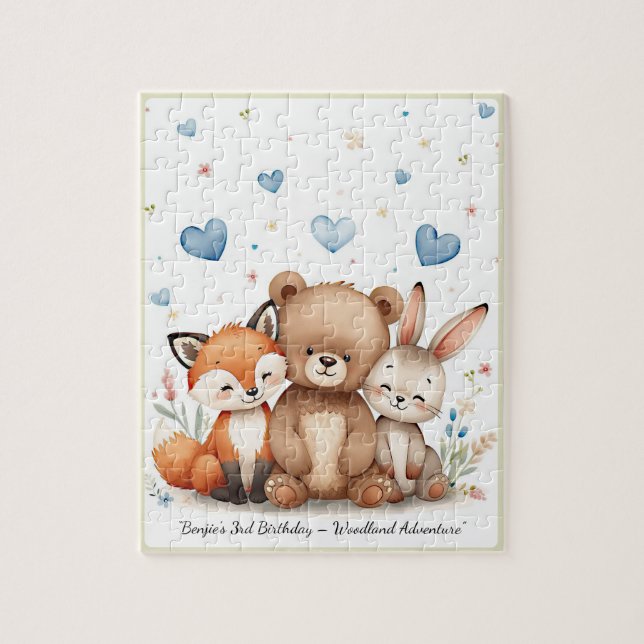 Waldtiere Bär Fuchs Hase Blaue Herzen (Vertikal)