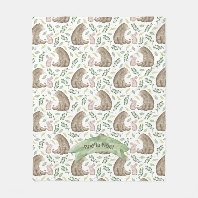 Waldtiere Bär und Kaninchen + Name Fleecedecke (Vorderseite)