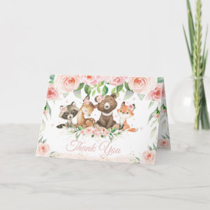 Waldtiere Blassrosa Florales Babyshower  Dankeskarte