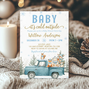 Waldtiere Blaues Lastwagen Winter Babyparty-Einlad Einladung