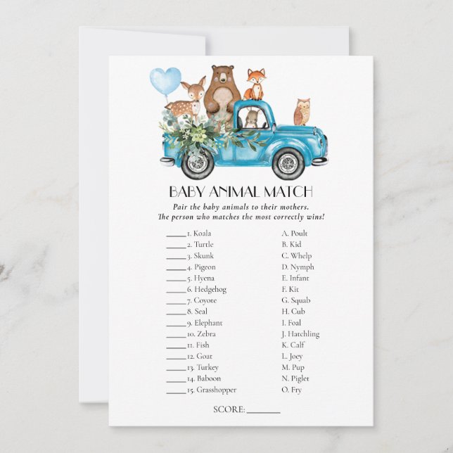 Waldtiere Blue Truck Match Game Card Einladung (Vorderseite)