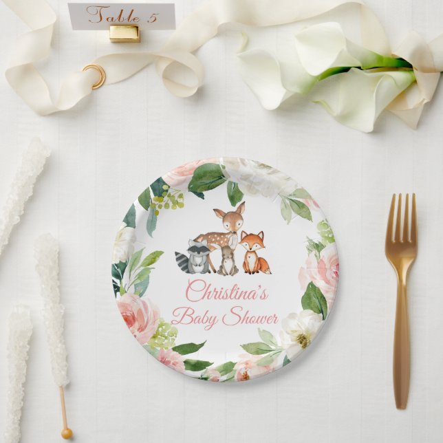 Waldtiere & Blush Pink Blume Kinderdusche Pappteller (Hochzeit)