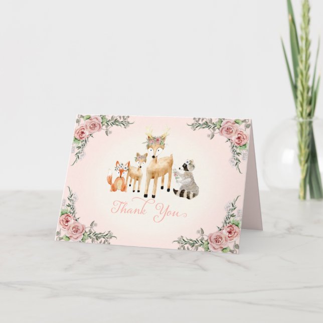 Waldtiere Boho Rose Floral Vielen Dank Dankeskarte (Vorderseite)