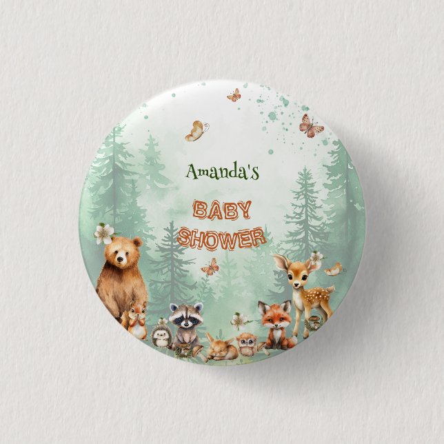 Waldtiere Botanische Babydusche Button (Vorderseite)