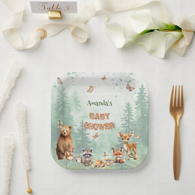 Waldtiere Botanische Babydusche Pappteller (Hochzeit)