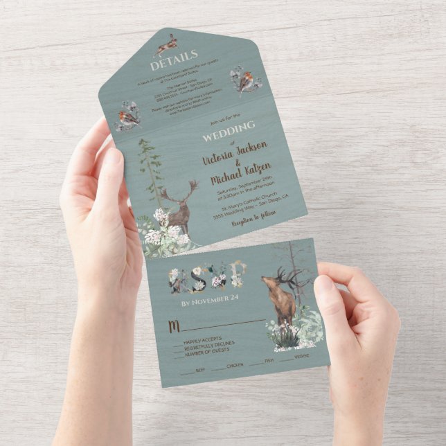 Waldtiere Dusty Blue Wedding All In One Einladung (Abreißen)